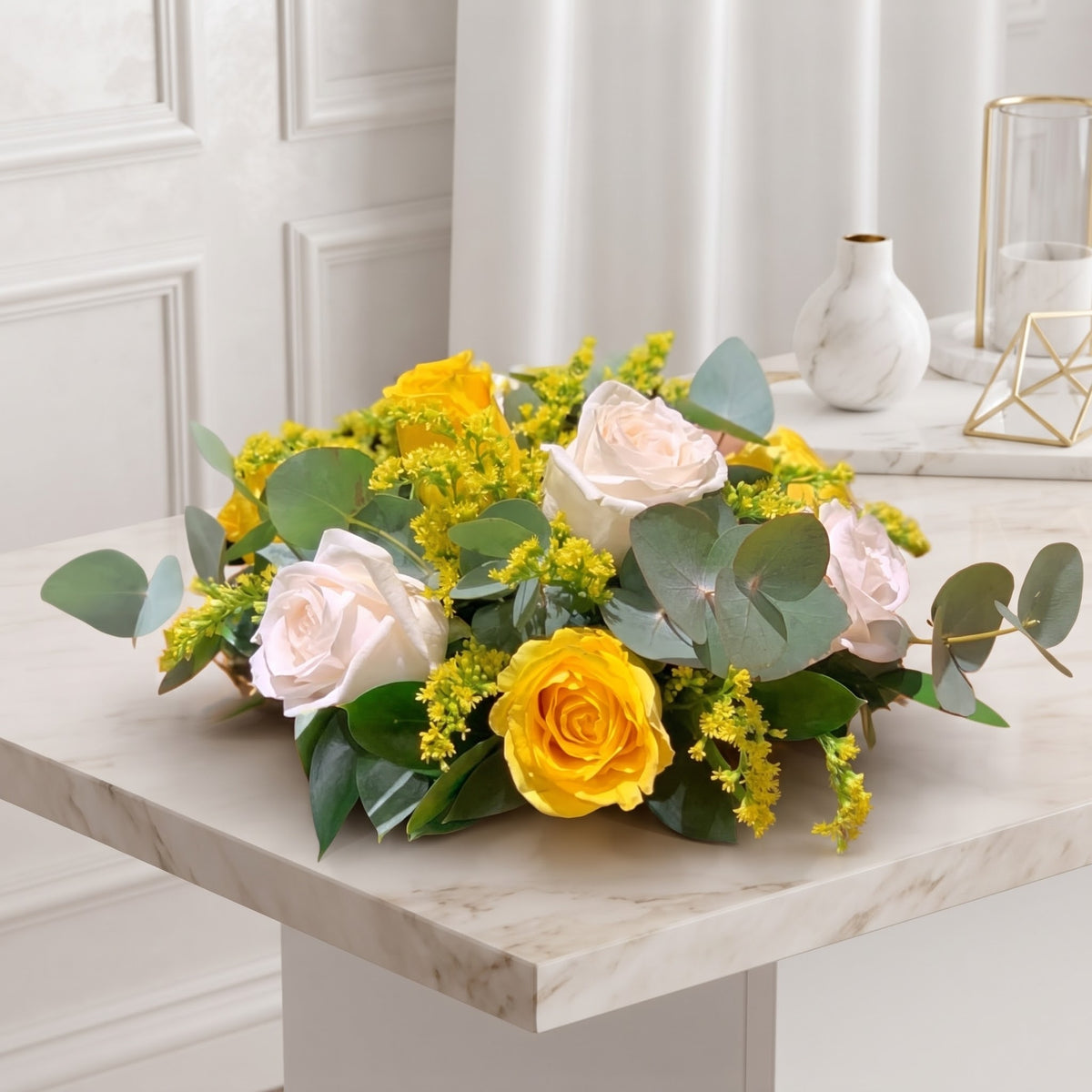 Rose Floral Arrangement with Goldenrod and Eucalyptus