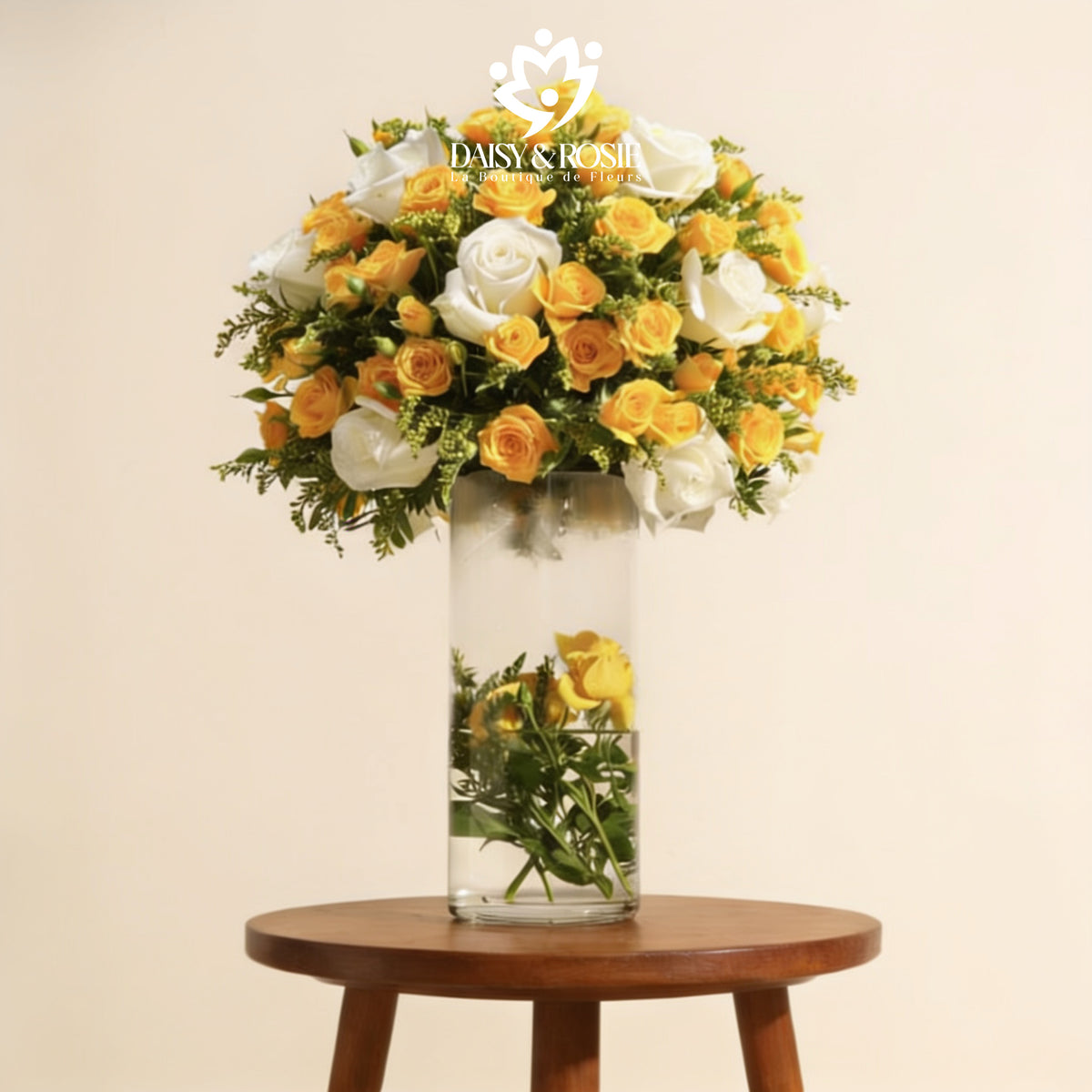 Golden Radiance Yellow & White Rose Cylinder Arrangement