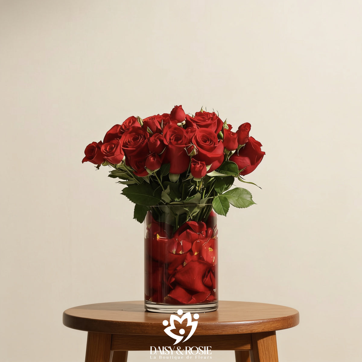 Classic Red Rose & Submerged Petal Cylinder Vase
