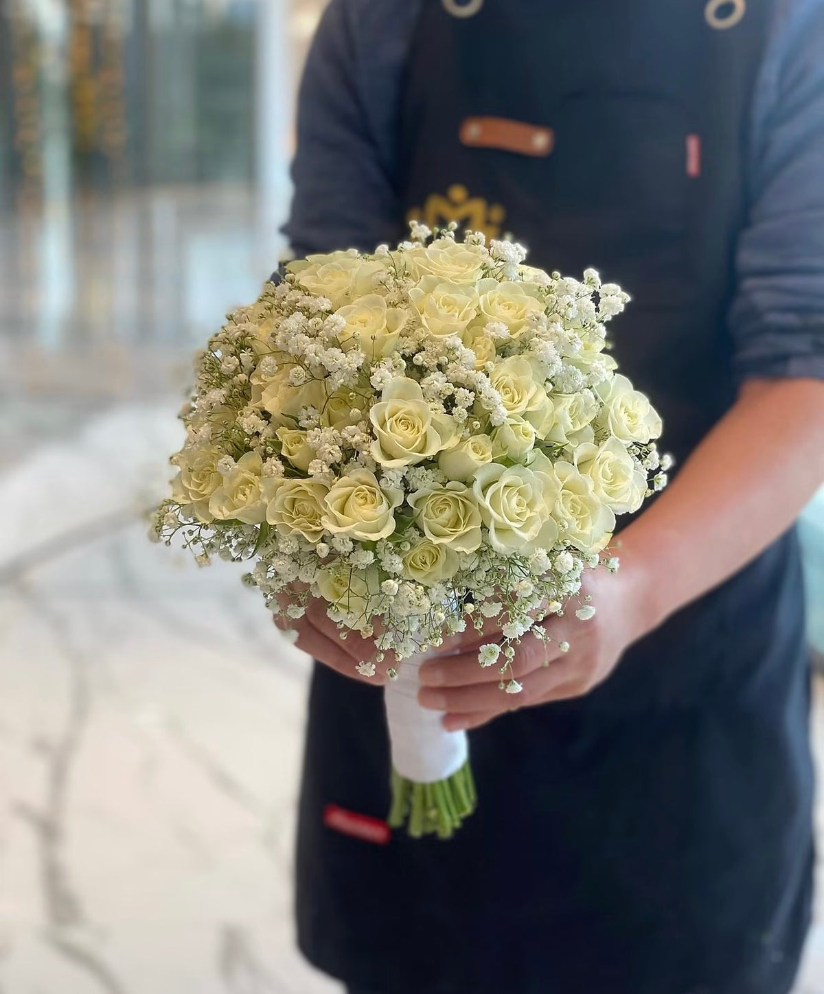 Whispers of Serenity-White Baby Rose & Baby's Breath Bridal Bouquet