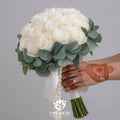 Classic White Rose and Eucalyptus Bridal Bouquet with Pearl Accents