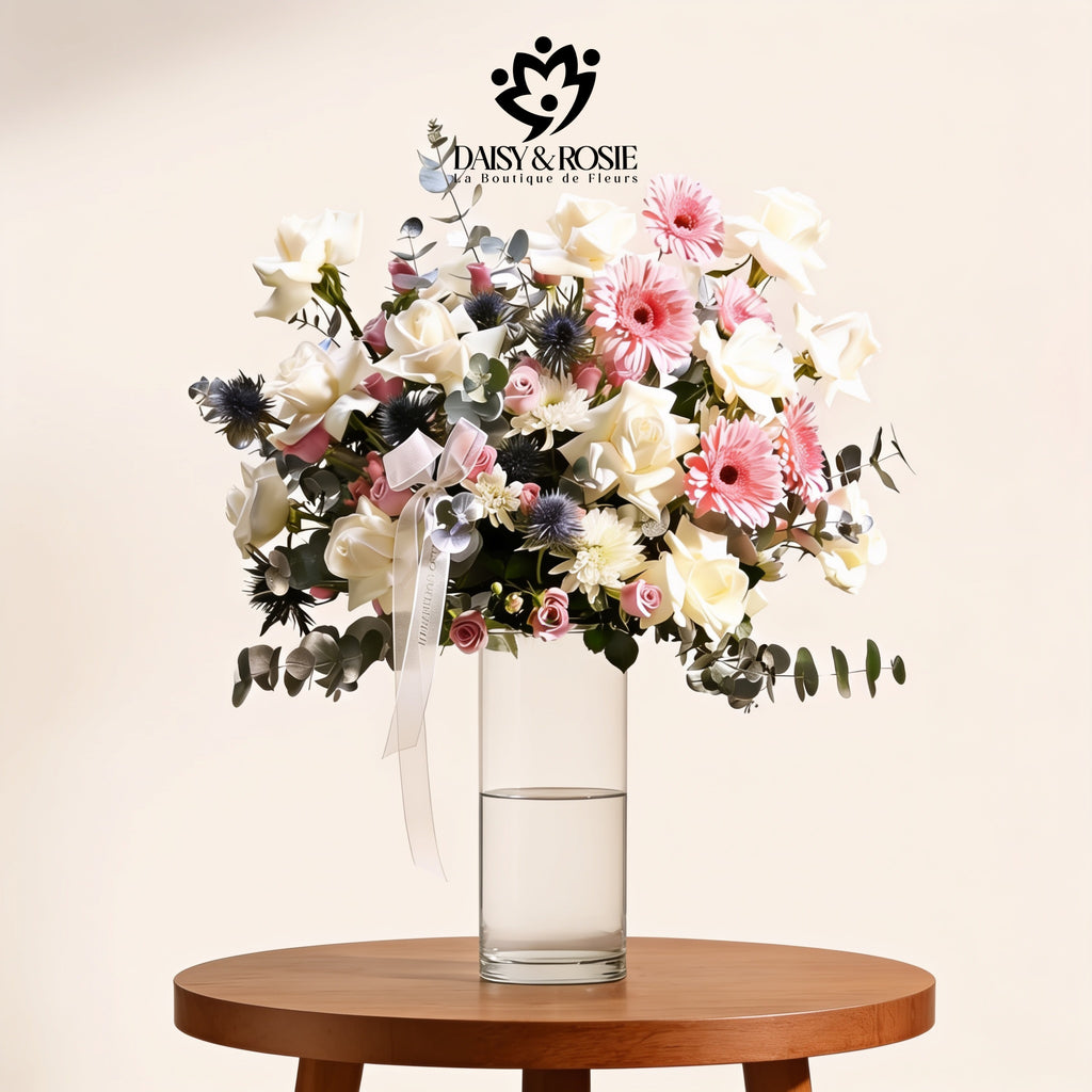 Pastel Blossom & Thistle Cylinder Vase Arrangement