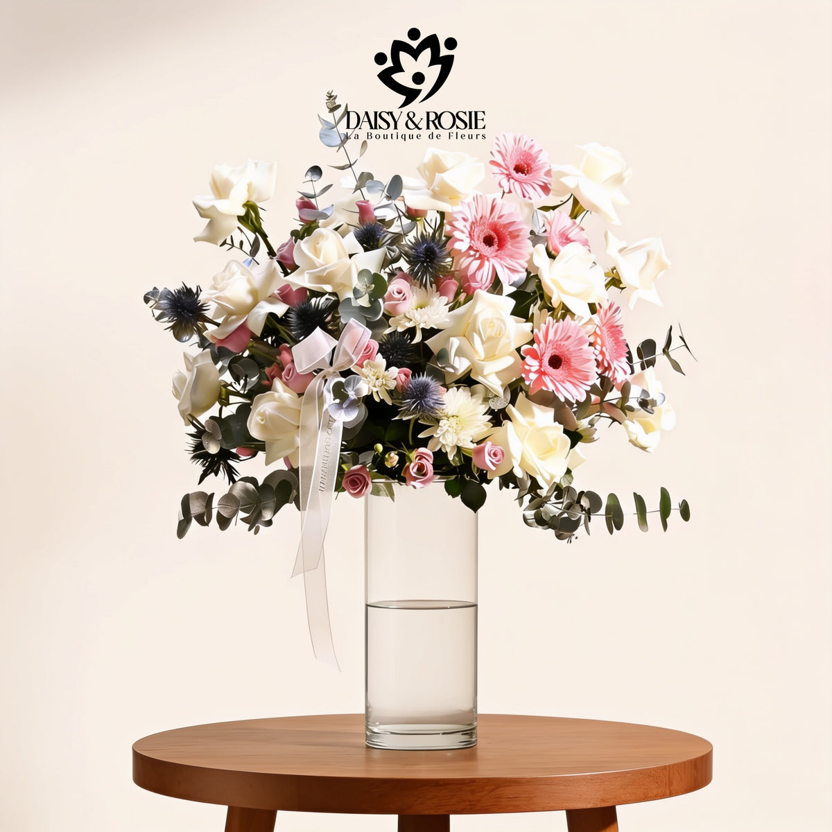 Pastel Blossom & Thistle Cylinder Vase Arrangement