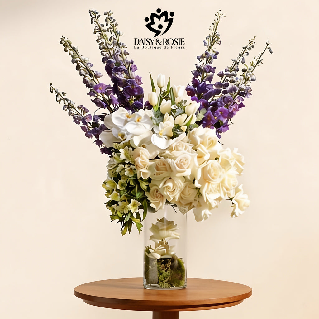 Royal Delphinium & Ivory Orchid Cylinder Vase Arrangement