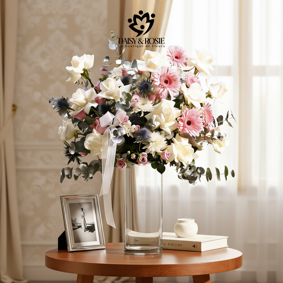 Pastel Blossom & Thistle Cylinder Vase Arrangement