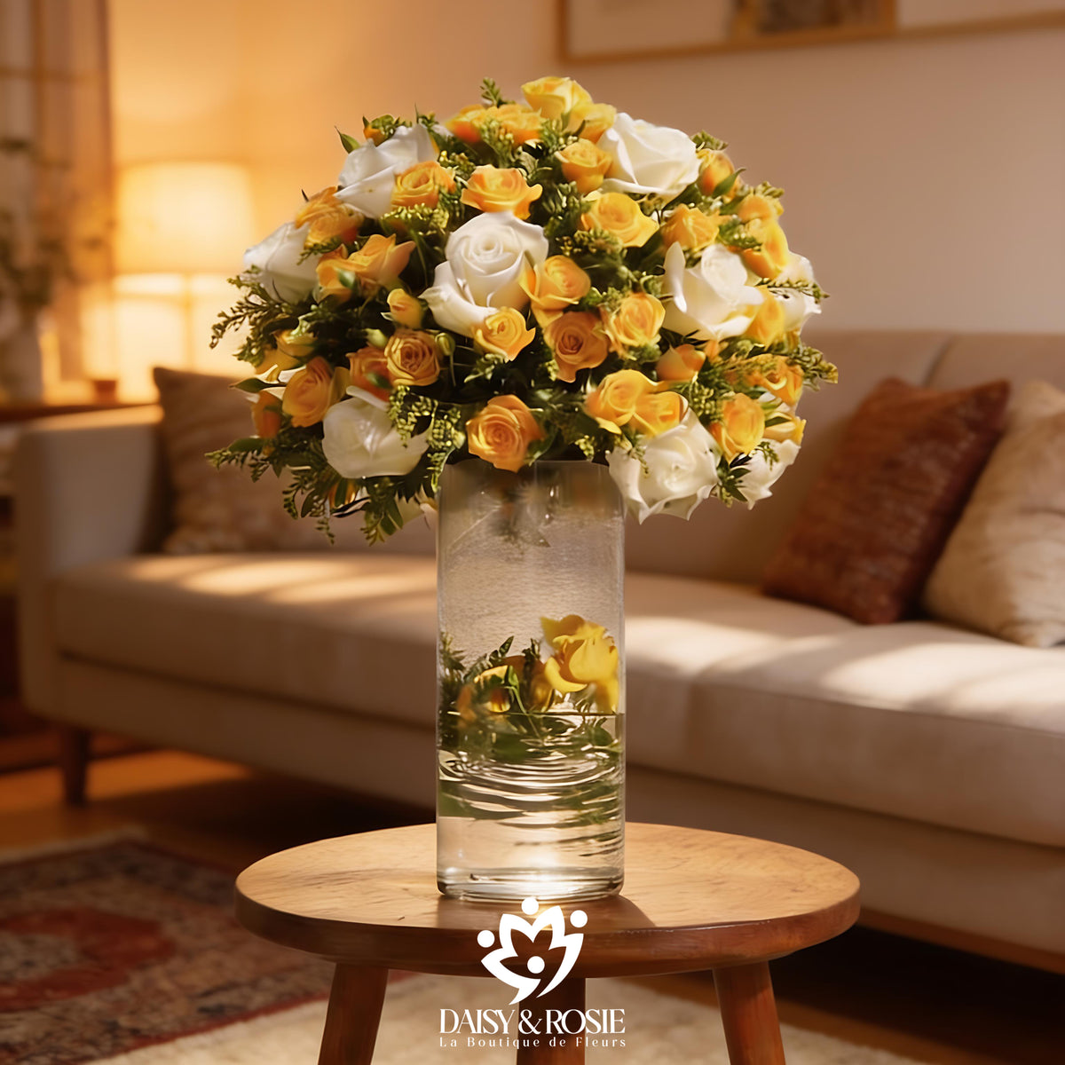 Golden Radiance Yellow & White Rose Cylinder Arrangement