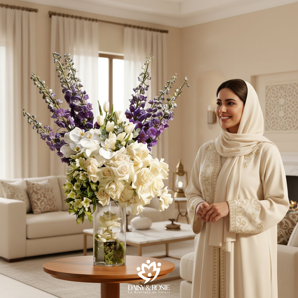 Royal Delphinium & Ivory Orchid Cylinder Vase Arrangement