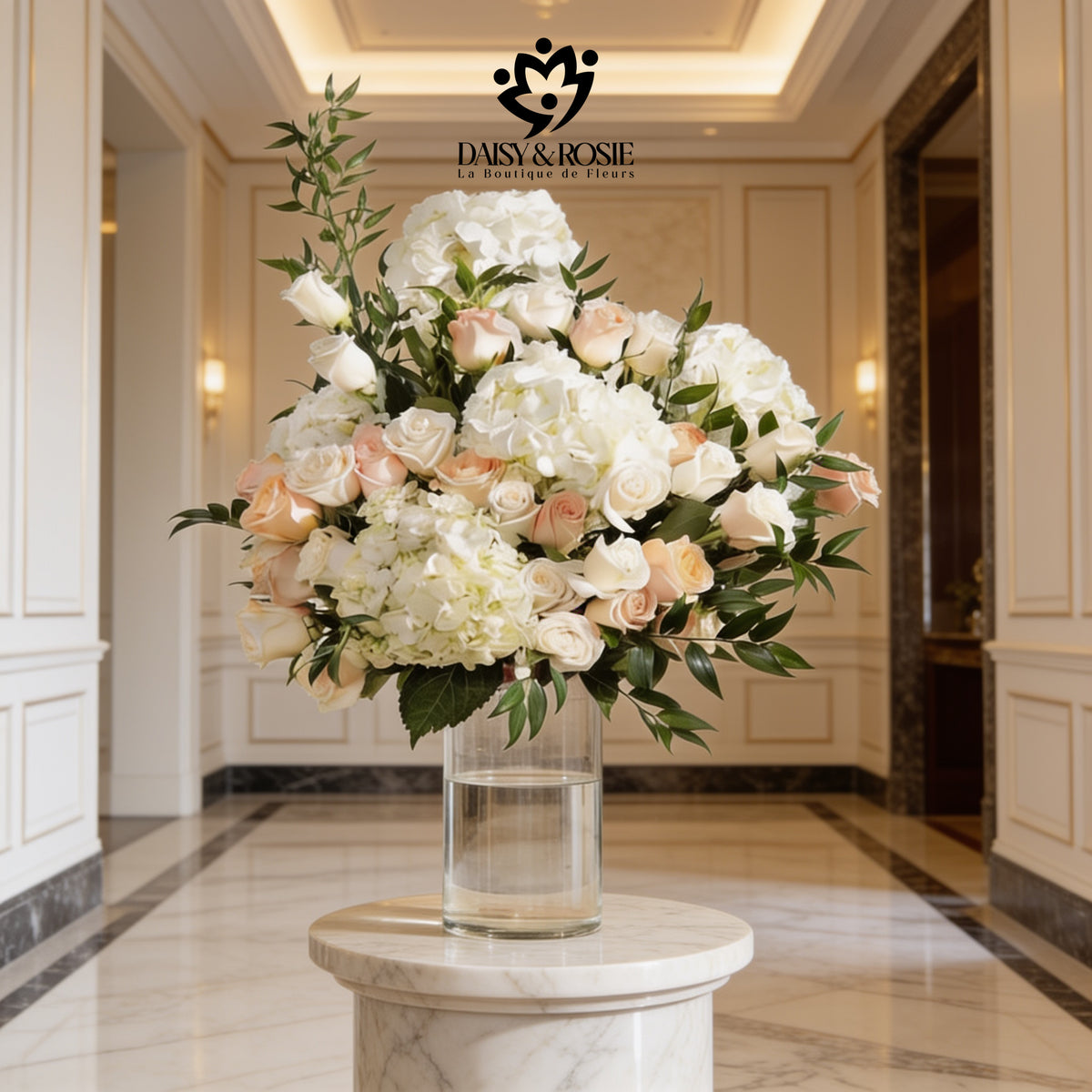 Serene Elegance Hydrangea & White Rose Cylinder Arrangement