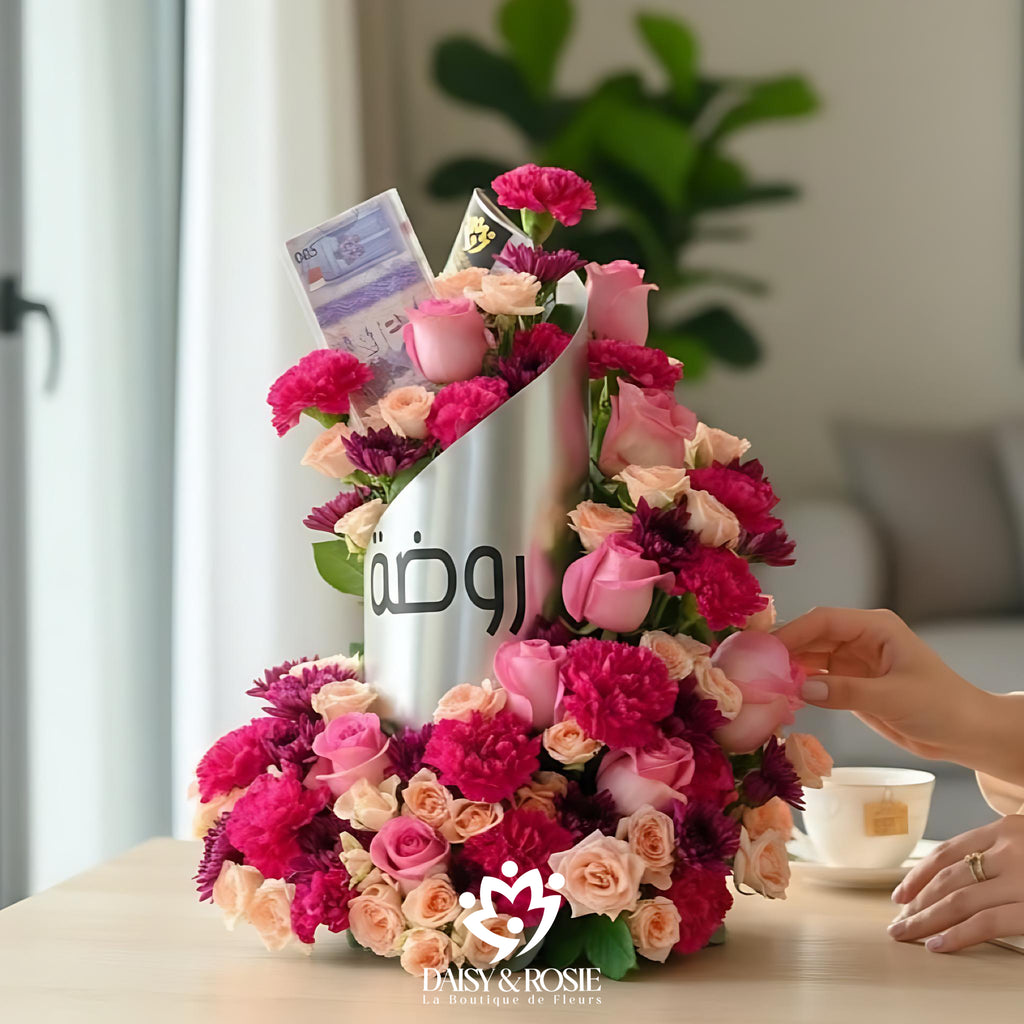 Custom Floral Arrangement with Money Holder and Name Tag