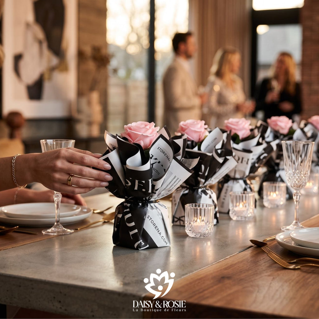 Chic Monochrome Table Centerpiece – Pink Rose Arrangement