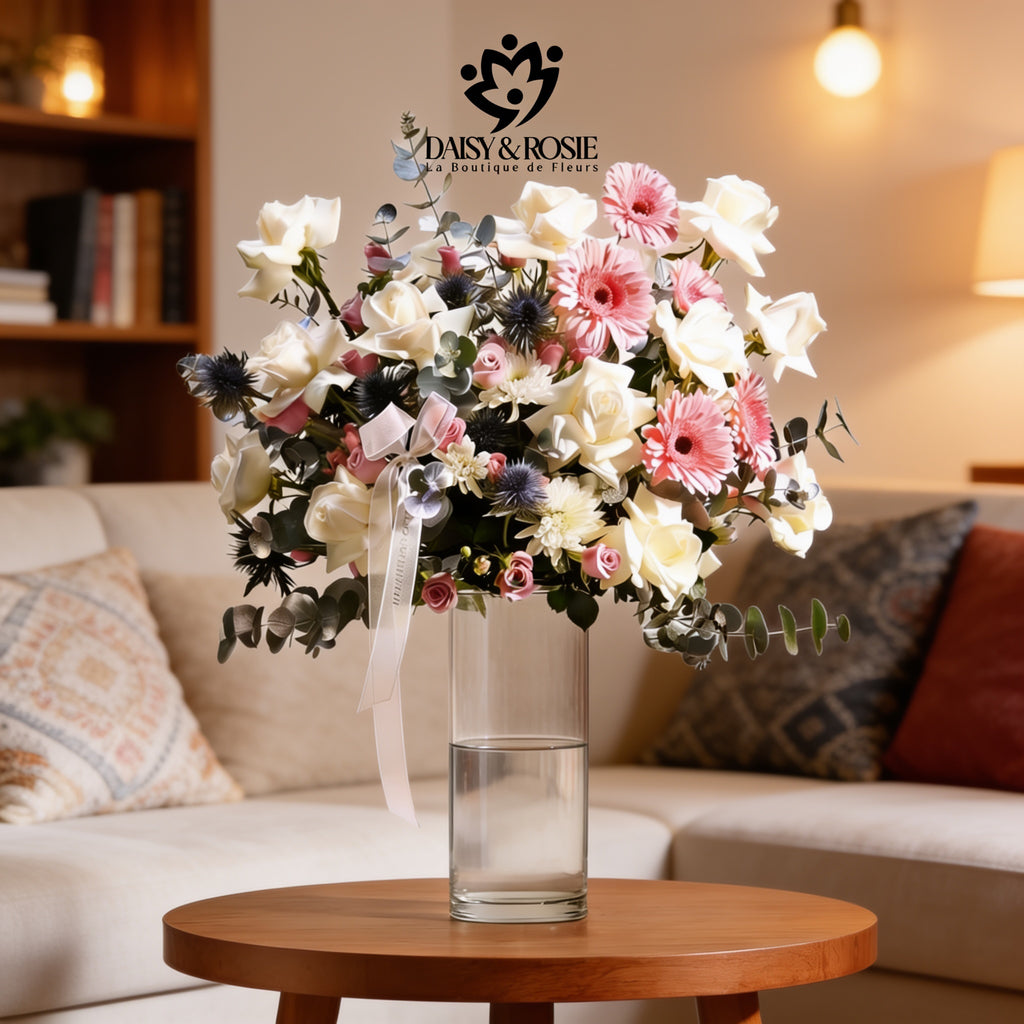 Pastel Blossom & Thistle Cylinder Vase Arrangement