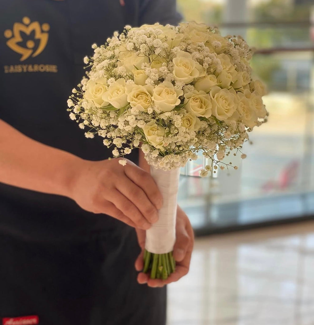 Whispers of Serenity-White Baby Rose & Baby's Breath Bridal Bouquet