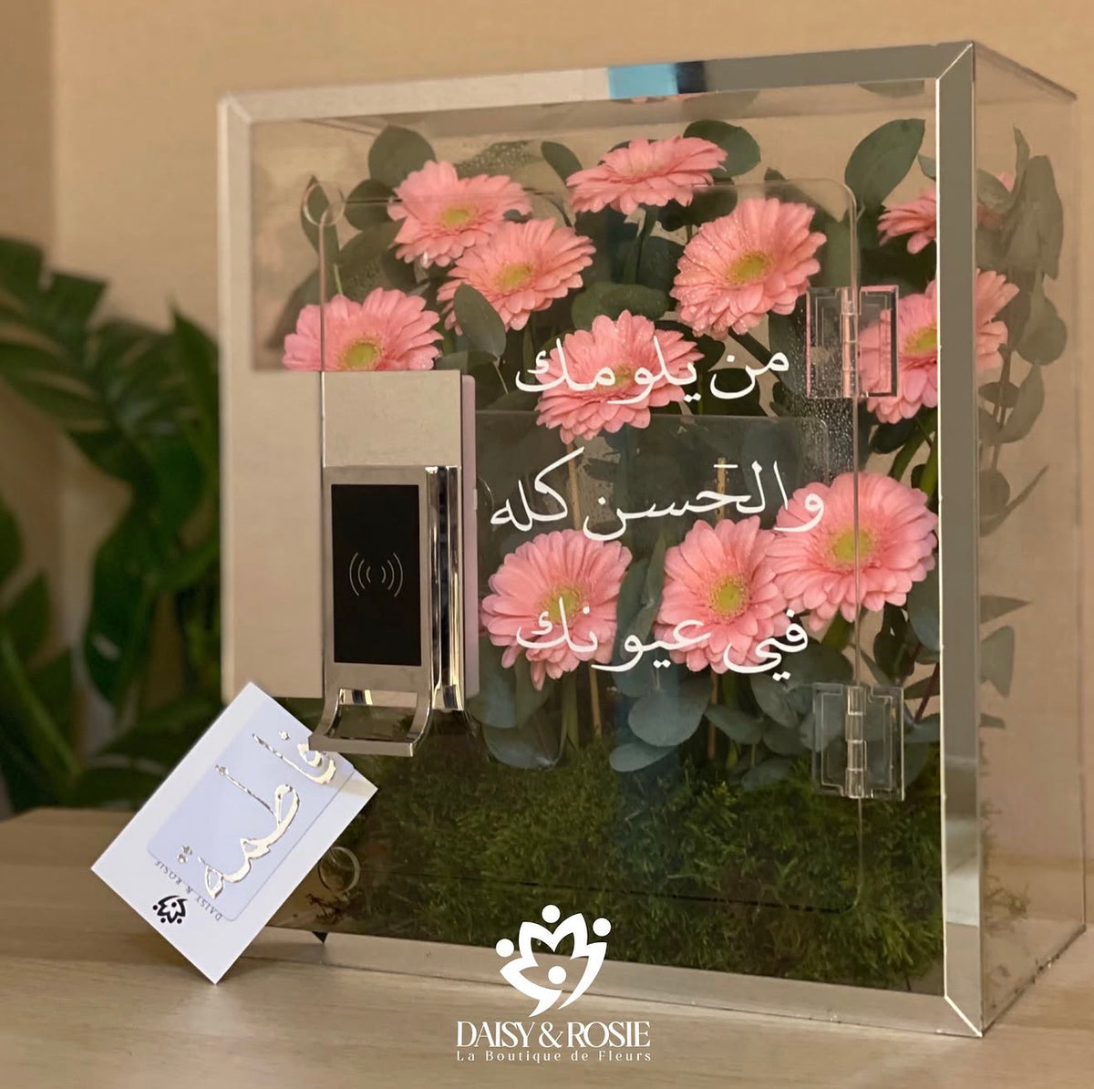 Acrylic Smart Lock Flower Box – Pink Gerberas & Eucalyptus