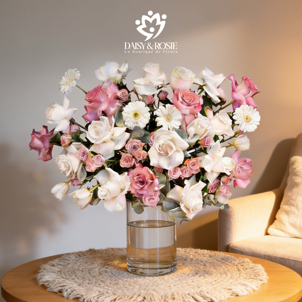 Soft Romance Daisy & Rosie Cylinder Vase Arrangement